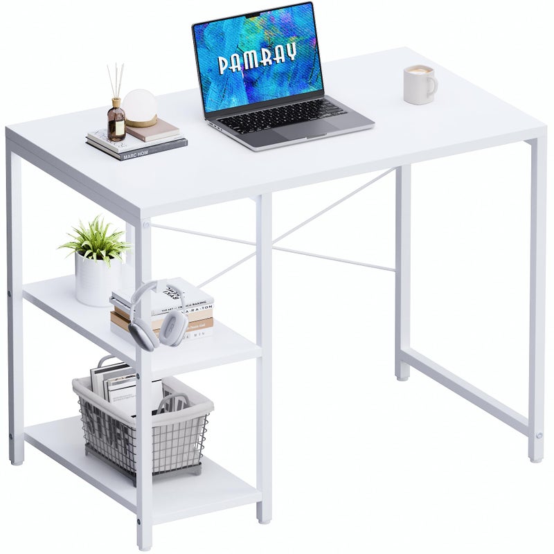 Pamray 32 Inch Small Computer Desk with Shelves, Home Office Desk with Headphone Hook for Bedroom, Study Writing PC Table for Small Spaces, White - Image 1