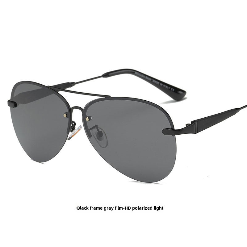Generic Mens retro polarized sunglasses 743 frameless steel frame goggles driving travel sunglasses factory wholesale Black Frame gray sheet 