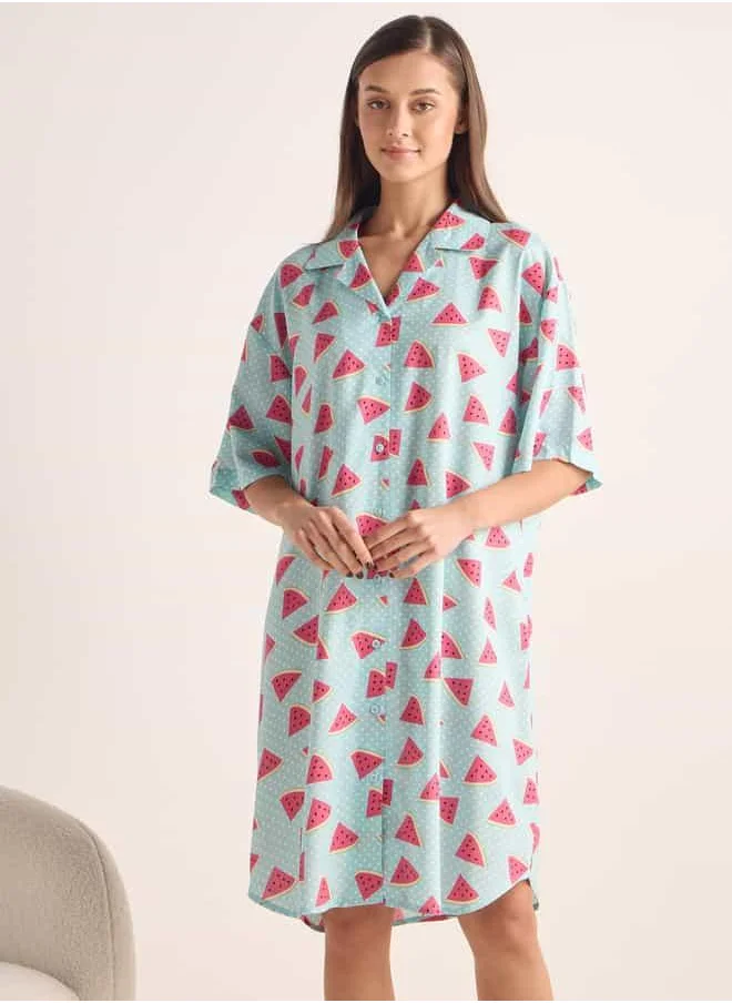 FAV Printed Sleepshirt with Collar and Short Sleeves