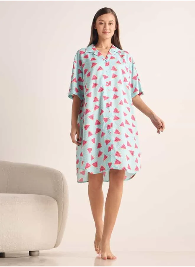 FAV Printed Sleepshirt with Collar and Short Sleeves