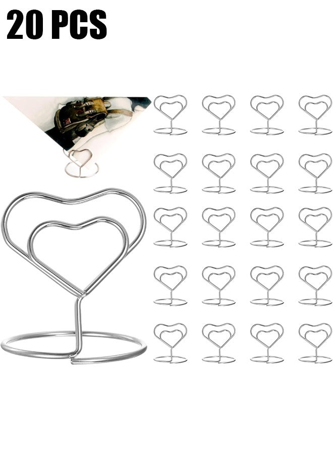 اتش واي 20 قطعة حامل بطاقة مكان معدني على شكل قلب، حامل بطاقات متين وقوي، حامل بطاقات صغير للطاولة، حوامل صور الطاولة لمشبك القائمة أو المذكرة (فضي) - Image 1