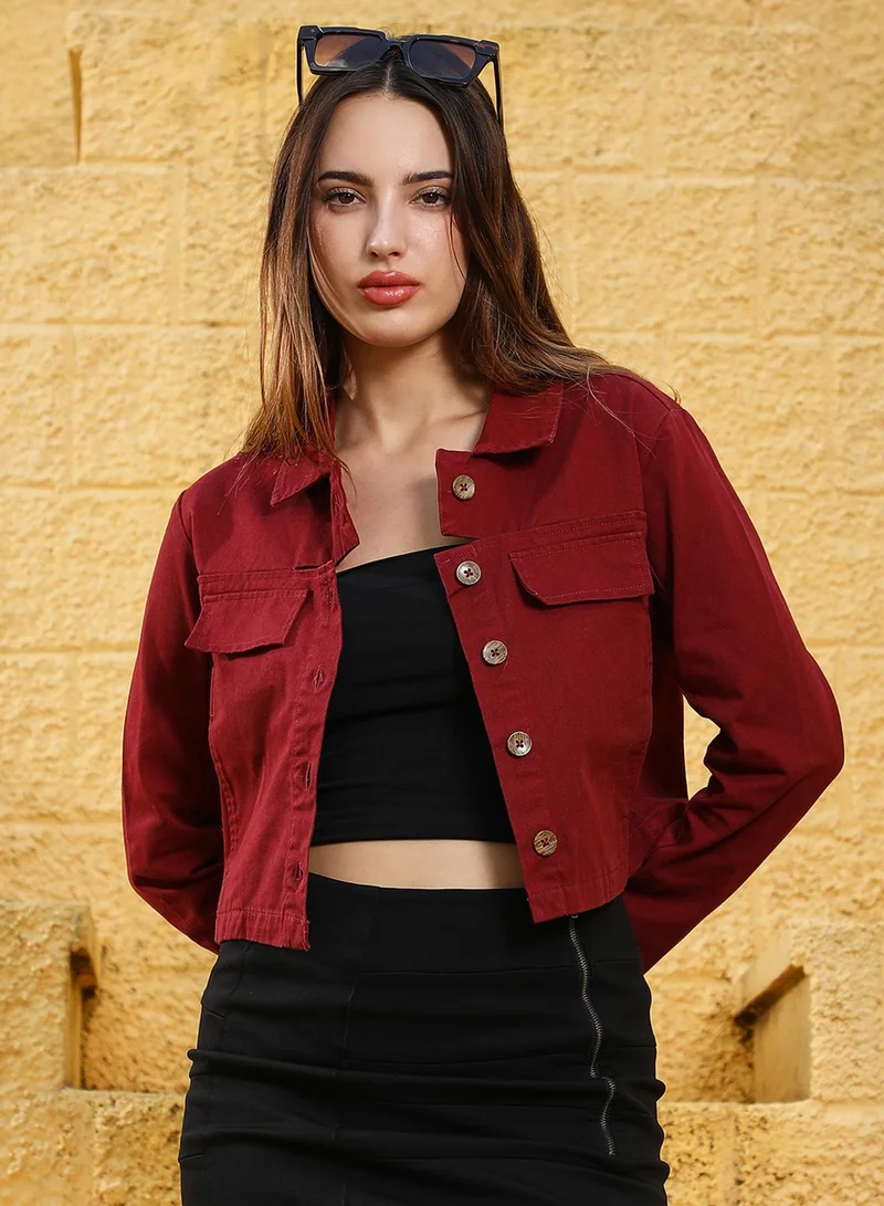 Campus Sutra Women's Burgundy Red Button-Front Crop Jacket For Casual Wear | Spread Collar | Long Cuffed Sleeves | Button Closure | Jacket Crafted With Comfort Fit For Everyday Wear