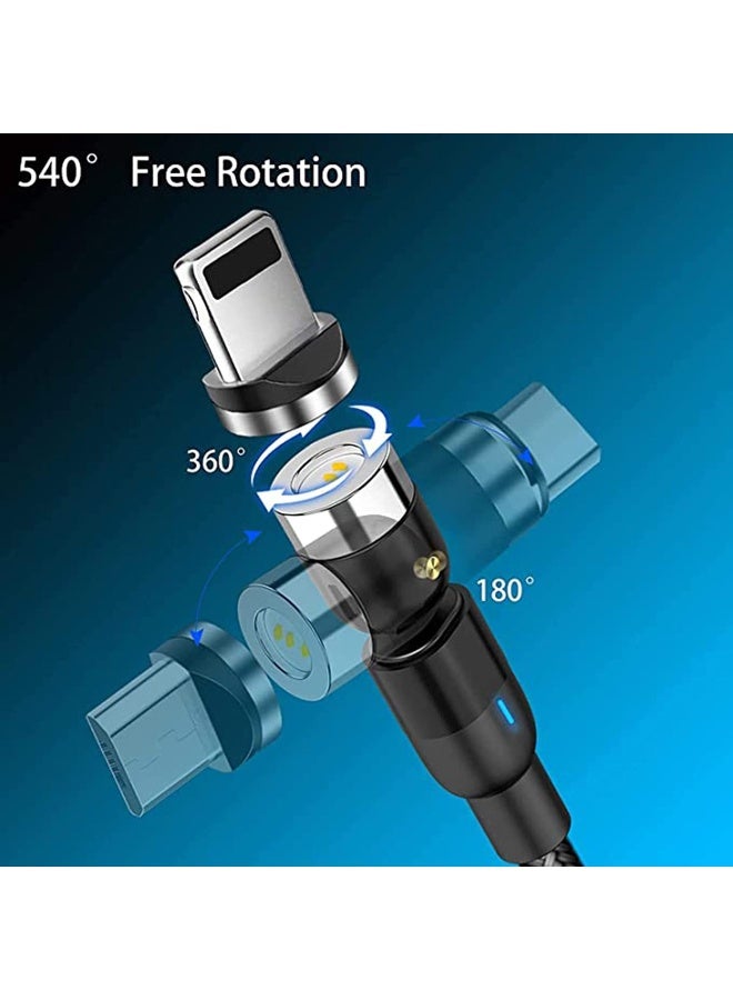 Charging Cable 360° & 180° Rotation Type Charging Cable, Nylon Braided Led Weak Magnet Charger Cable Fit for Micro Type-c iPhone Cable, Nylon and Thick Copper Core Black