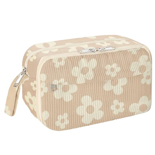 WOBAGMEN Cute Pencil Case,Large Corduroy Zippered Pencil Case Pouch, aesthetic Pencil Bag with Compartments, Pencil Pouch School Supplies (HY-corduroy pc-brown floral) - Image 1