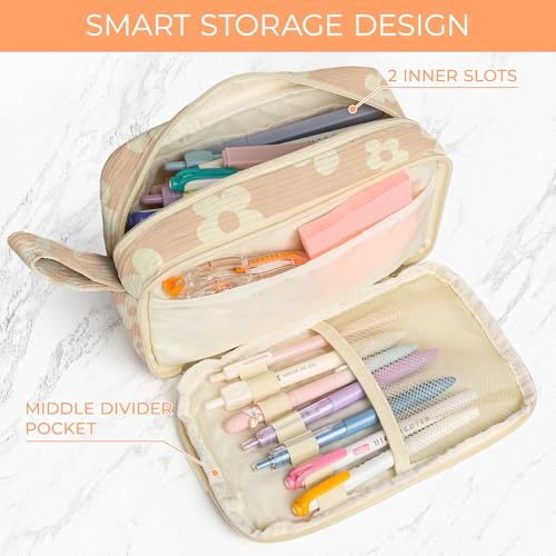 WOBAGMEN Cute Pencil Case,Large Corduroy Zippered Pencil Case Pouch, aesthetic Pencil Bag with Compartments, Pencil Pouch School Supplies (HY-corduroy pc-brown floral) - Image 5