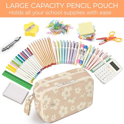WOBAGMEN Cute Pencil Case,Large Corduroy Zippered Pencil Case Pouch, aesthetic Pencil Bag with Compartments, Pencil Pouch School Supplies (HY-corduroy pc-brown floral) - Image 4