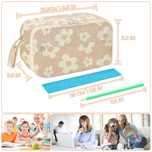WOBAGMEN Cute Pencil Case,Large Corduroy Zippered Pencil Case Pouch, aesthetic Pencil Bag with Compartments, Pencil Pouch School Supplies (HY-corduroy pc-brown floral) - Image 2