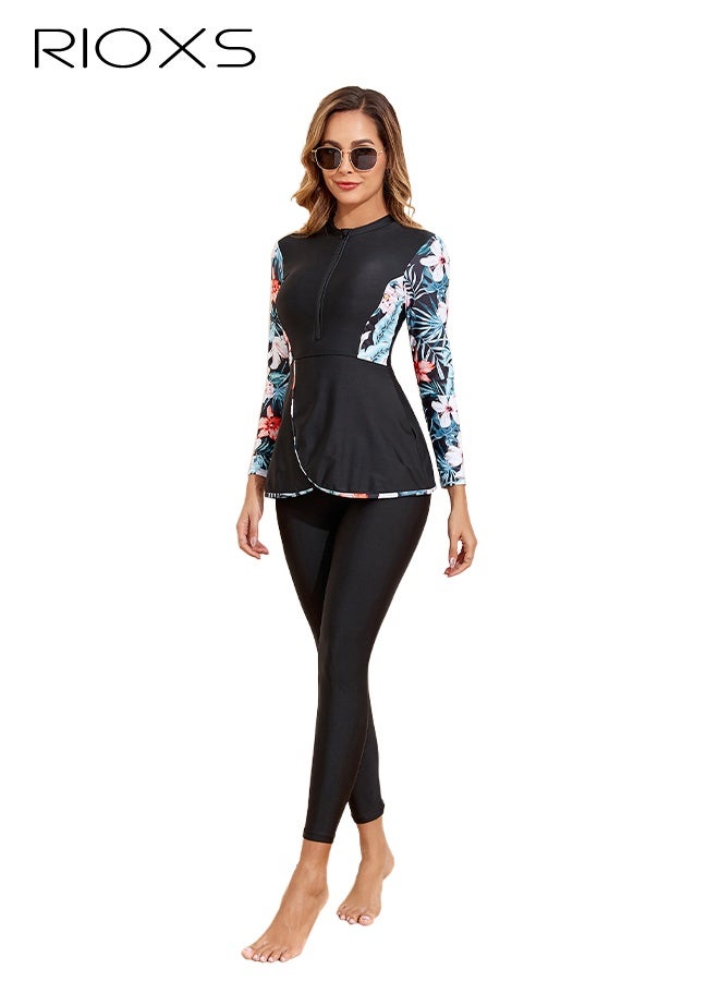 RIOXS Womens 2 Pieces Muslim Swimwear, Rash Guard Modest Full Coverage Swimwear for Ladies, Long-Sleeve Swim Skirt+ UV Sun Protection Leggings, Ladies Floral Print Swimsuit Top, Ladies' s Bathing Suits Surfing Wetsuits for Rafting/ Canoeing/ Beach/ Water Park - Image 1