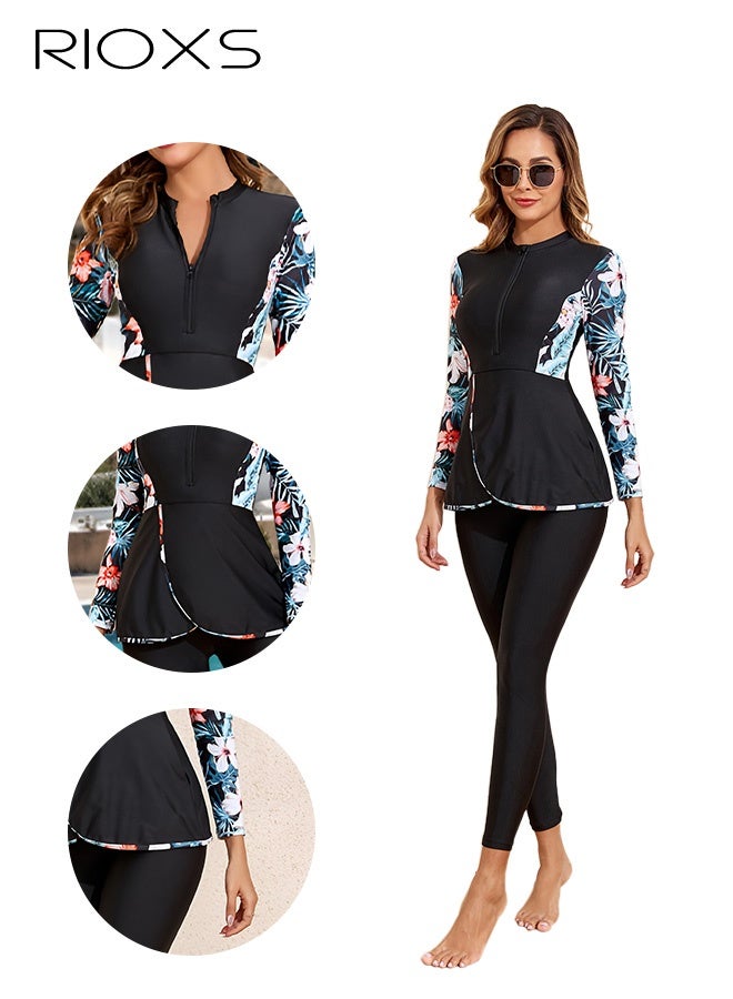 Womens 2 Pieces Muslim Swimwear, Rash Guard Modest Full Coverage Swimwear for Ladies, Long-Sleeve Swim Skirt+ UV Sun Protection Leggings, Ladies Floral Print Swimsuit Top, Ladies' s Bathing Suits Surfing Wetsuits for Rafting/ Canoeing/ Beach/ Water Park