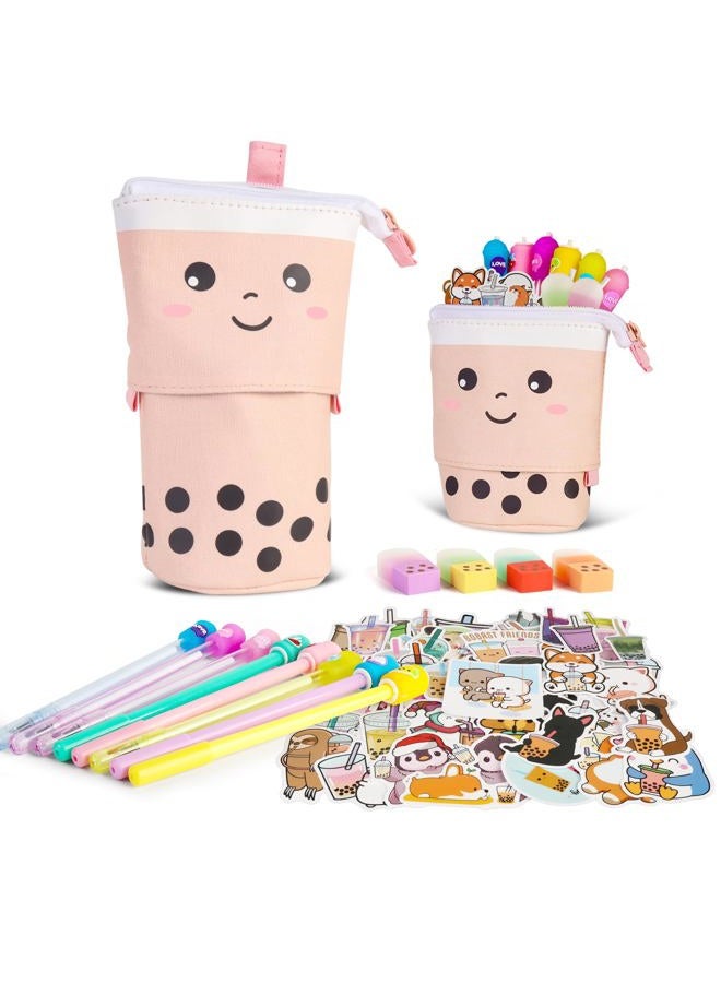 Primo Lines Stationary Set - Cute Stationary Set Pop Up Pencil Case, Kawaii Stationary Set comes with 1 Pop Up Boba Pencil Case Pink or Brown, Unicorn Pencil Case Unicorn Stationary Set For Girls - Image 1