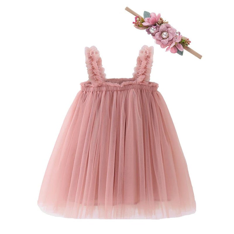 Bow Dream Baby Girls Toddler Tutu Dress Infant Tulle Dress Party Princess Dress with Flower Headband Dusty Rose 0-3 Months - Image 1