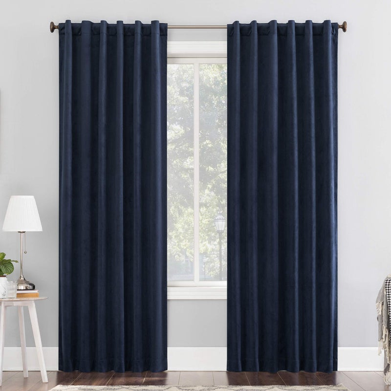Sun Zero Hampshire Velvet Noise Reducing Thermal Extreme Total Blackout Back Tab Curtain Panel 50 x 96 Navy Blue