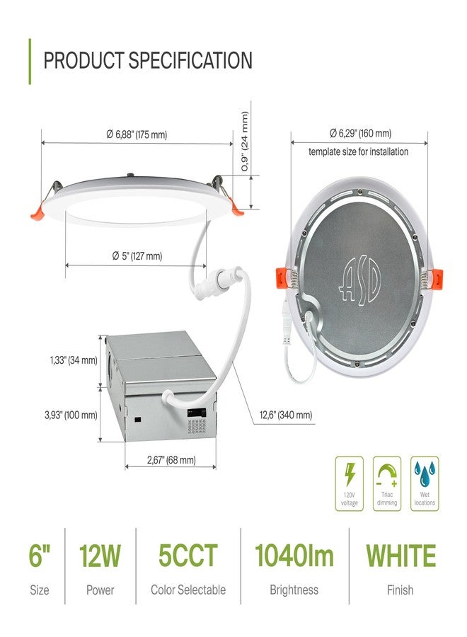 ASD 6 Pack LED Recessed Lighting 6 Inch 12W, 5 CCT 2700K-5000K CRI90+, IC Rated Ultra Thin Dimmable Ceiling Lights with J Box, Canless Wafer Downlight, Round Slim Panel Light, Energy Star ETL, White - Image 2