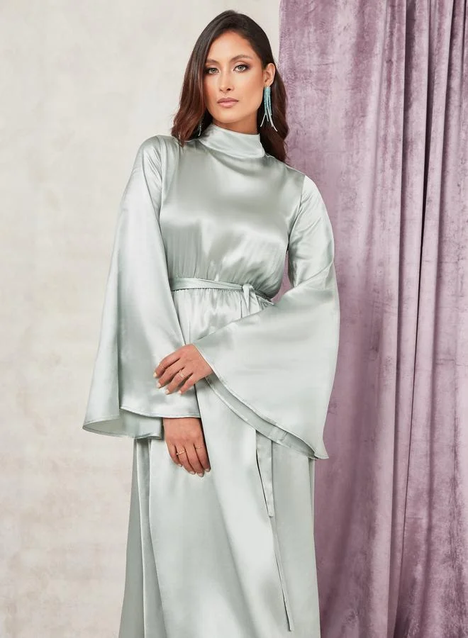 Closet Long Flared Sleeves High Neck Satin Maxi Dress with Tie Belt