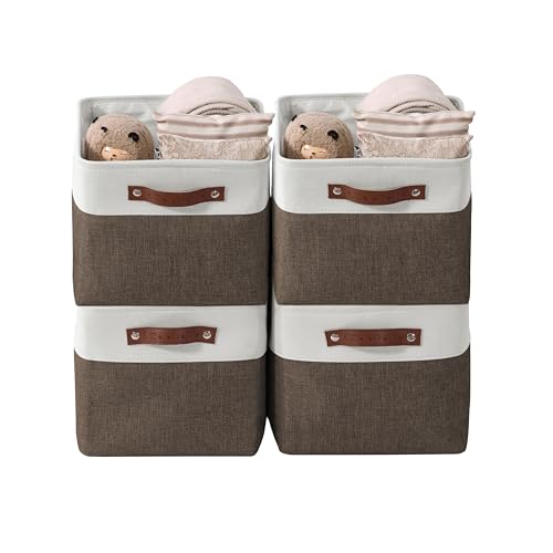 DECOMOMO Storage Baskets for Shelves - Fabric Storage Bins, Linen Closet Organizers and Storage (Brown & White, Large - 4 Pack) - Image 1