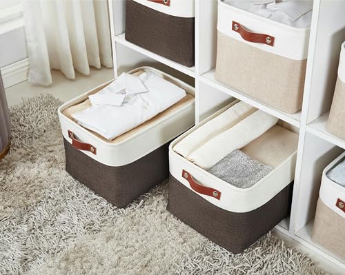 DECOMOMO Storage Baskets for Shelves - Fabric Storage Bins, Linen Closet Organizers and Storage (Brown & White, Large - 4 Pack) - Image 2