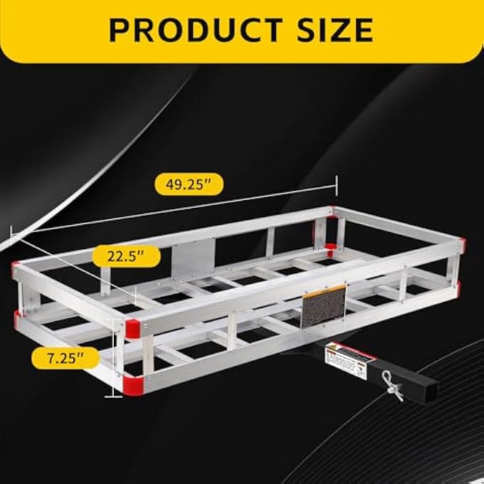 rayihni ماكس هول 70108 حاملة بضائع من الألمنيوم مع جوانب عالية - تركيب على مقطورة للسيارات، الشاحنات، سيارات الدفع الرباعي، الفانات، السيارات مع مستقبل مقطورة 2 بوصة - سعة تحميل 500 رطل، رمادي، 49 بوصة × 22.5 بوصة - Image 3