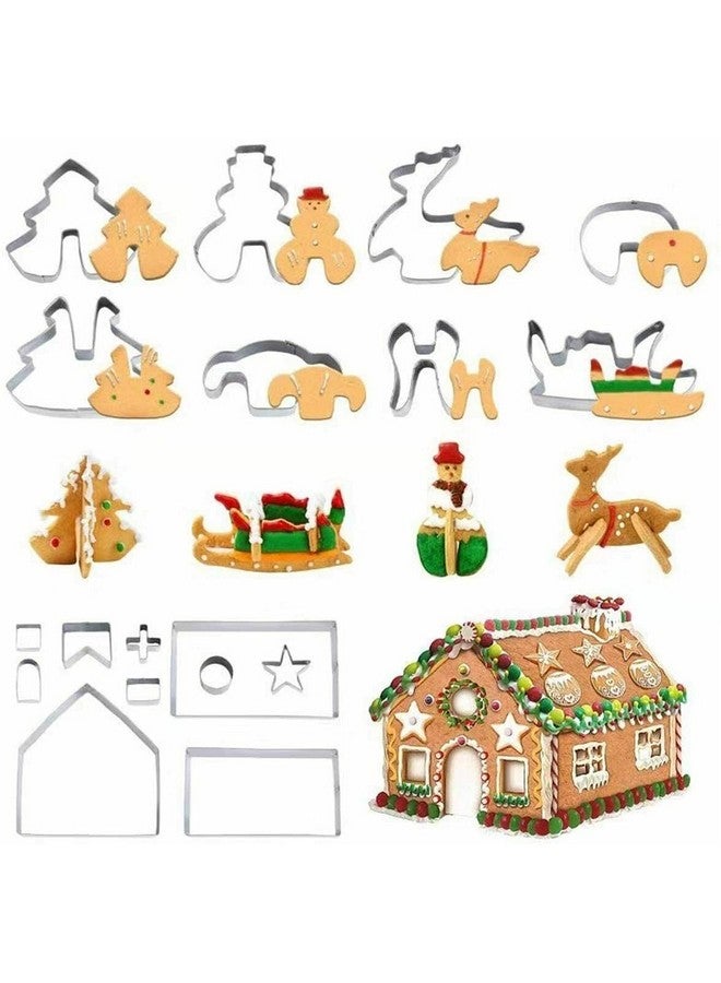 FantasyDay 3D Christmas Gingerbread House Cookie Cutters Set, FantasyDay 18 Pcs 430 Stainless Steel Cartoon Snowflake Biscuit Cutter Pastry Mold for Holiday Birthday Cake Dough Donut Fondant - Baking Dough Tool - Image 1