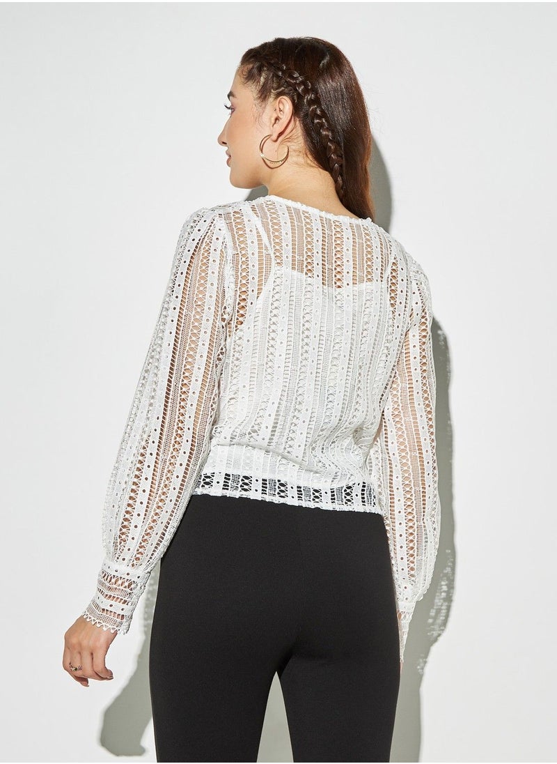 2Xtremz - 2Xtremz Long Sleeves Lace Top with Button Front and V-neck - Image 1