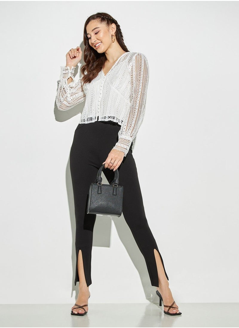 2Xtremz - 2Xtremz Long Sleeves Lace Top with Button Front and V-neck - Image 1