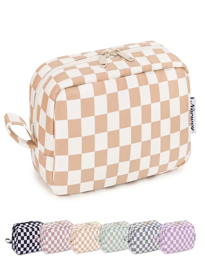 Narwey Checkered Makeup Bag Travel Cosmetic Bag Organizer Small Toiletry Bag Make Up Bags with Organized Pockets for Women (Light Checkerboard, Large) - Image 1