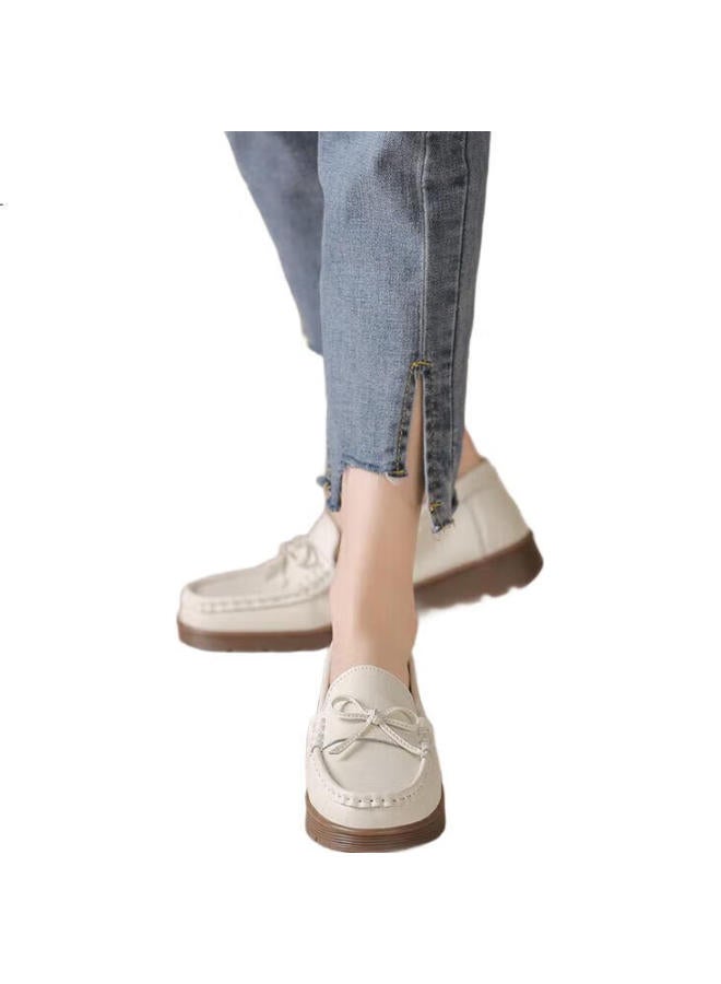 ZHR Comfortable Leather Women'S Shoes Spring And Autumn Genuine Leather Butterfly Knot Single Shoes Women'S Commuting Soft Bottom Mom Shoes Bt37 Beige Size 35 - Image 2