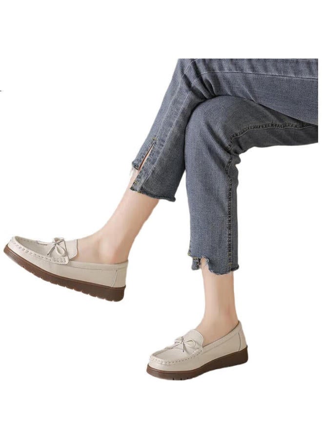 ZHR Comfortable Leather Women'S Shoes Spring And Autumn Genuine Leather Butterfly Knot Single Shoes Women'S Commuting Soft Bottom Mom Shoes Bt37 Beige Size 35 - Image 1