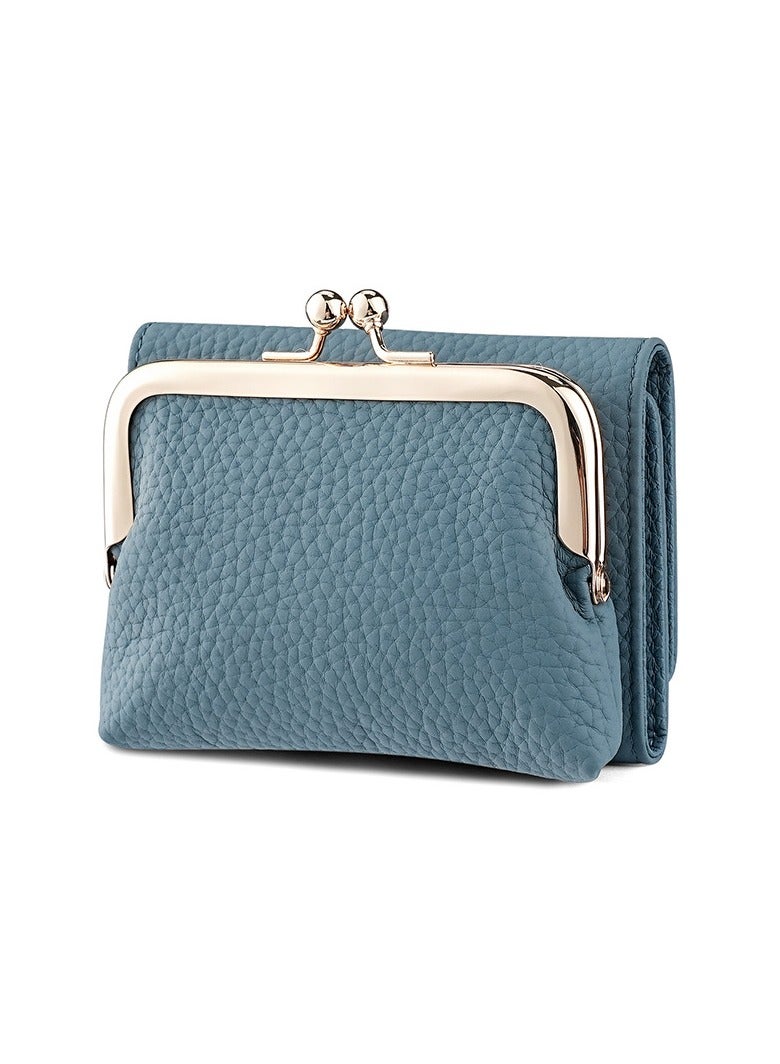 SKT Shiketro Genuine Leather Women's Wallet Japanese Style Three-Fold Coin Purse Top Layer Cowhide High-Grade Coin Purse  [Denim Blue] - Image 1