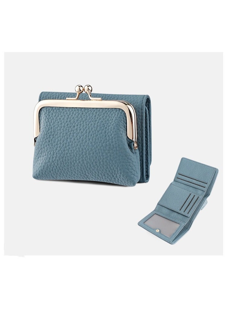 SKT Shiketro Genuine Leather Women's Wallet Japanese Style Three-Fold Coin Purse Top Layer Cowhide High-Grade Coin Purse  [Denim Blue] - Image 2