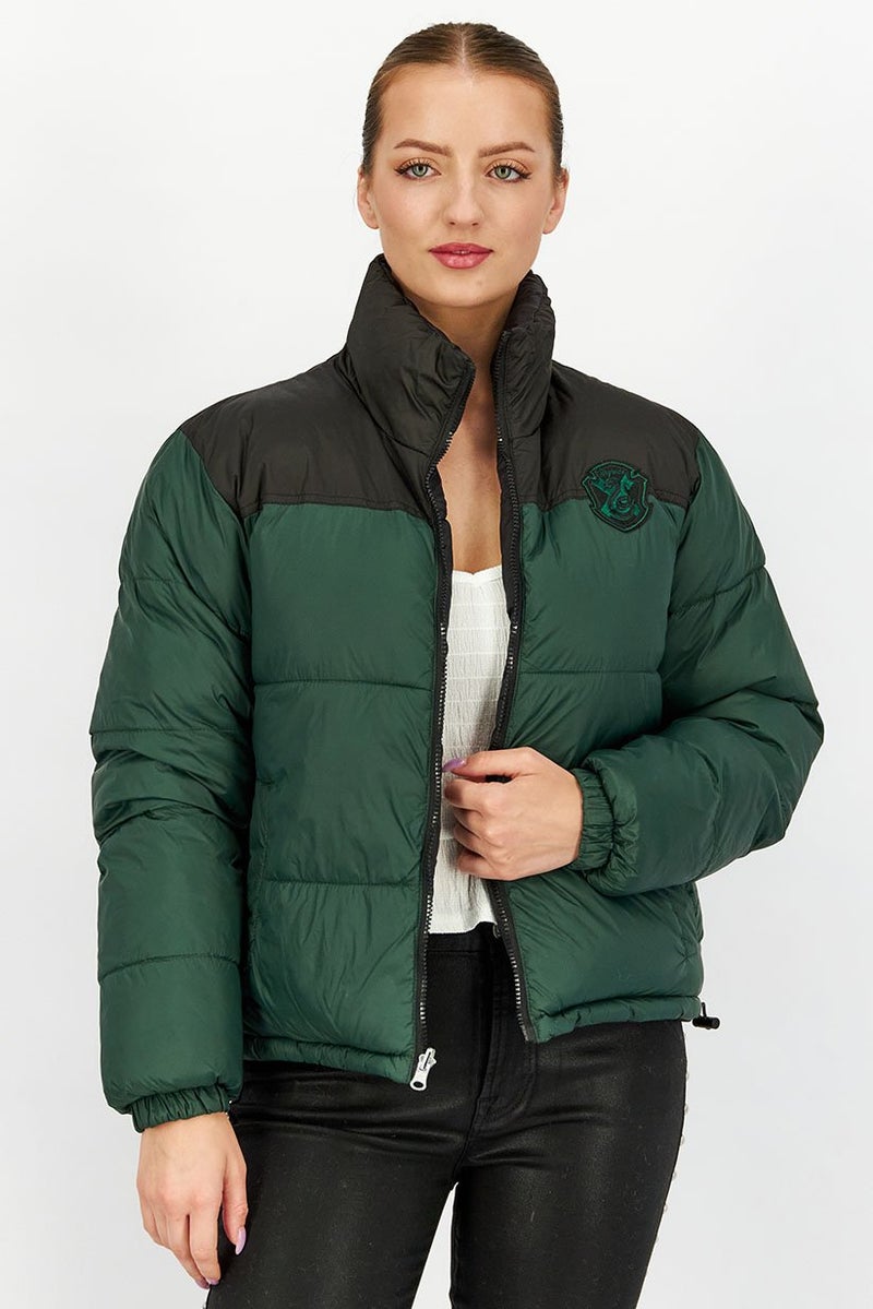 Don't Call Me Jennyfer Women Mock Neck Long Sleeve Quilted Jacket, Green and Black  - Image 1