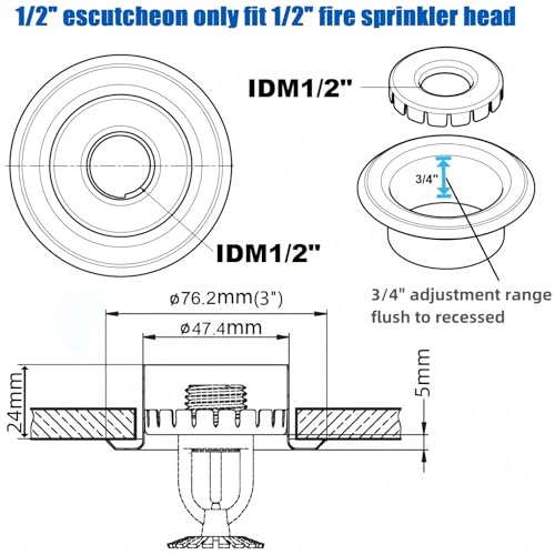 Happy Tree (6 Pack) 1/2" IPS Fire Sprinkler Head Escutcheon Plate 3/4" Adjustment Range Recessed Two Piece Rosette Cover Trim Ring White Fire Sprinkler Covers for Ceiling - Image 2