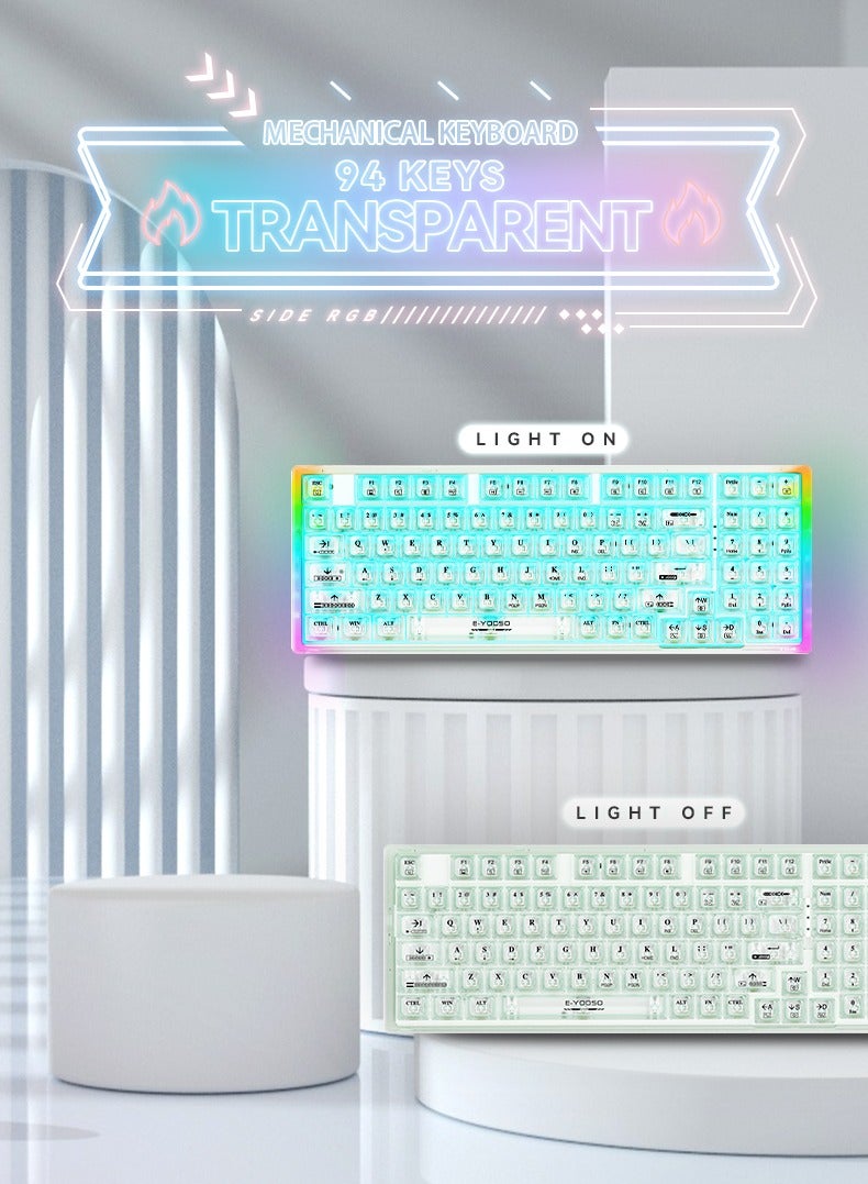 E-YOOSO Z-94 Transparent Gaming Keyboard,94 Keys Red Switch USB Wired Mechanical Keyboard with Transparent PBT Keycaps and RGB Side Light for Office Gaming - Image 2