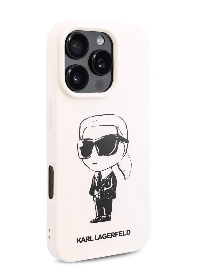 Karl Lagerfeld iPhone 16 Pro Case TPU Silicone Hard Cover with ikonik Graffiti Logo / Drop protection / Easy Snap-On Case / Lightweight Back Cover - White