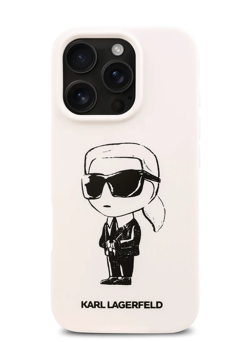 Karl Lagerfeld iPhone 16 Pro Case TPU Silicone Hard Cover with ikonik Graffiti Logo / Drop protection / Easy Snap-On Case / Lightweight Back Cover - White