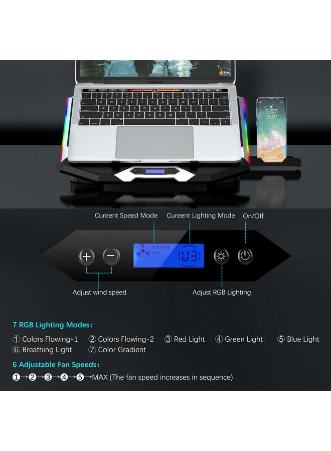 TopMate C11 Laptop Cooling Pad RGB Gaming Notebook Cooler, Laptop Fan Stand Adjustable Height with 6 Quiet Fans and Phone Holder, Computer Chill Mat, for 15.6-17.3 Inch Laptops - Blue LED Light - Image 5