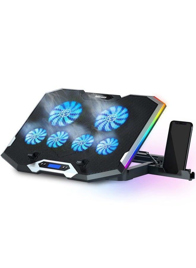 TopMate C11 Laptop Cooling Pad RGB Gaming Notebook Cooler, Laptop Fan Stand Adjustable Height with 6 Quiet Fans and Phone Holder, Computer Chill Mat, for 15.6-17.3 Inch Laptops - Blue LED Light - Image 1