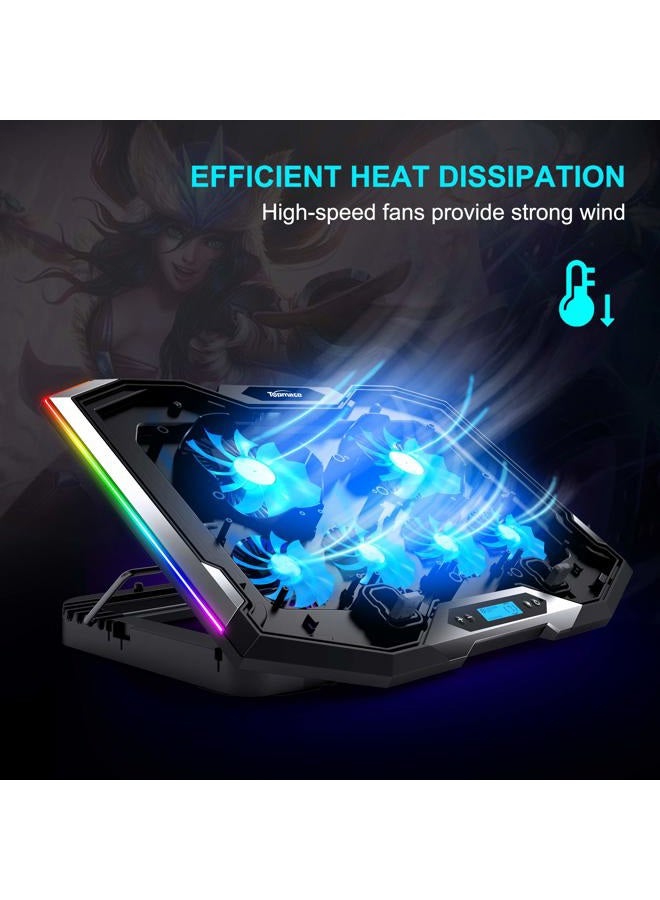 TopMate C11 Laptop Cooling Pad RGB Gaming Notebook Cooler, Laptop Fan Stand Adjustable Height with 6 Quiet Fans and Phone Holder, Computer Chill Mat, for 15.6-17.3 Inch Laptops - Blue LED Light - Image 2