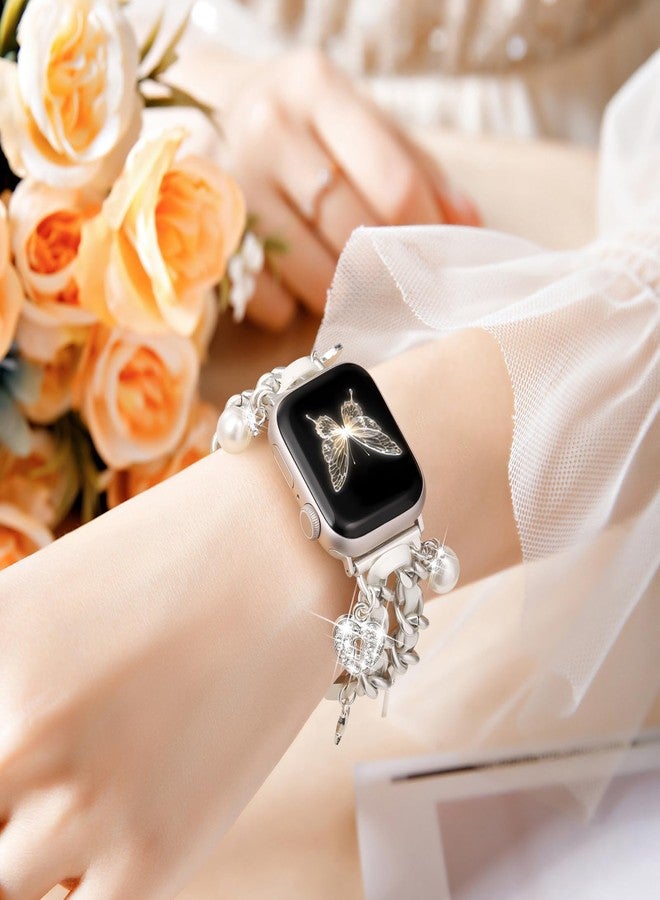داجين سوار معدني أنيق من DaQin متوافق مع ساعة Apple Watch النسائية، متوفر بمقاسات 44 مم، 42 مم، 45 مم، و46 مم. سوار بديل أنيق بسلسلة مزينة بتعليقات وإكسسوارات لساعة Apple Watch من السلسلة 11، 10، 9، 8، 7، 6، 5، 4، 3، 2، وSE. - Image 3