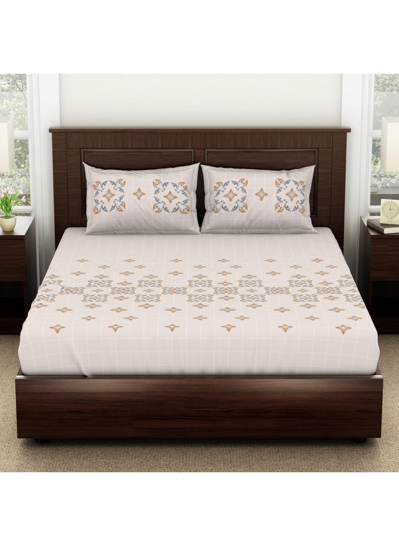 SPACES Spaces 100 Cotton Double Bedsheet 228 Cm X 274 Cm 43 Cm X 68 Cm 144 Tc Percale Geometric Bedsheet Pillow Covers Set Beige Geoscape  - Image 1