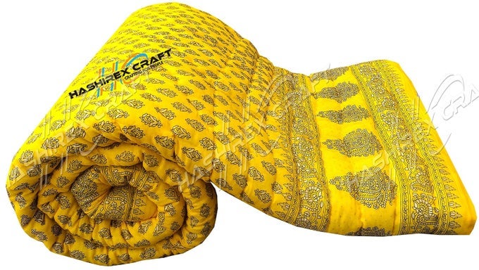LIGHT WEIGHT SINGLE BED JAIPURI RAZAI SOFT AC QUILT RAJAI YELLOW WITH SPECIAL JAIPURI GOLD PRINT COTTON QUILTS BLANKETS FOR HOME SIZE 55X85 INCH SET OF 1