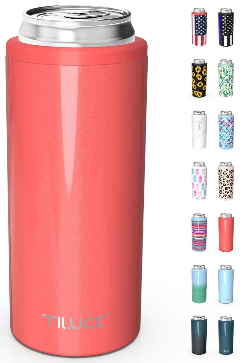 TILUCK Skinny Can Cooler for Slim Beer Hard Seltzer Stainless Steel DoucleWalled Stainless Steel Insulated Slim Cans Standard 12 oz Glitter Coral