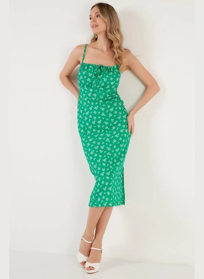 ليلا فستان نسائي ميدي ضيق بحزام حبل وطيات أمامية وفتحة