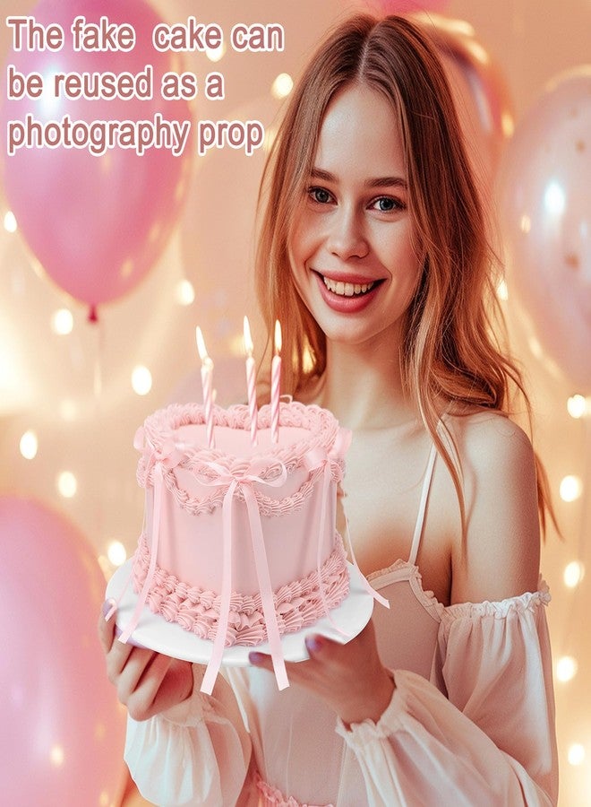 ريميري كعكة ريميري المزيفة على شكل فيونكة وردية مقاس 6 بوصات، زينة كعكة عيد ميلاد مزيفة أنيقة، قلب فيونكة وردية، دعائم حلوى زفاف، قلب صناعي للعرض، دعائم تصوير، هدية عيد ميلاد وزفاف للنساء - Image 3