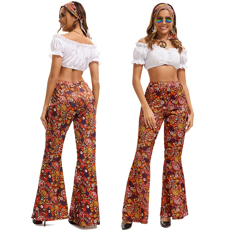 Women's Flared Bell Bottom Pants with Print and Headscarf - Image 3