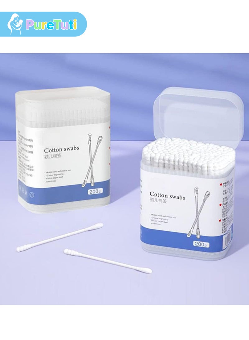 PureTuti 200Pcs Baby Cotton Swabs, Ear Cleaners, Biodegradable Baby Cotton Buds Kids Safety Swabs, Made of Safe Cotton, Double-headed Design, Applicator Cleaning Sticks Wax Cleaner for Baby Ear Nose Clean - Image 4