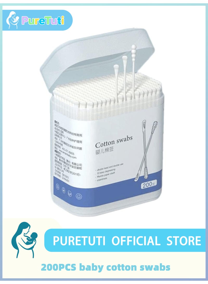 PureTuti 200Pcs Baby Cotton Swabs, Ear Cleaners, Biodegradable Baby Cotton Buds Kids Safety Swabs, Made of Safe Cotton, Double-headed Design, Applicator Cleaning Sticks Wax Cleaner for Baby Ear Nose Clean - Image 1