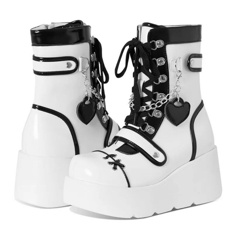 Cute Pink Sweetheart Thick-Soled Short Boots with Heart Charm and Lace-Up White