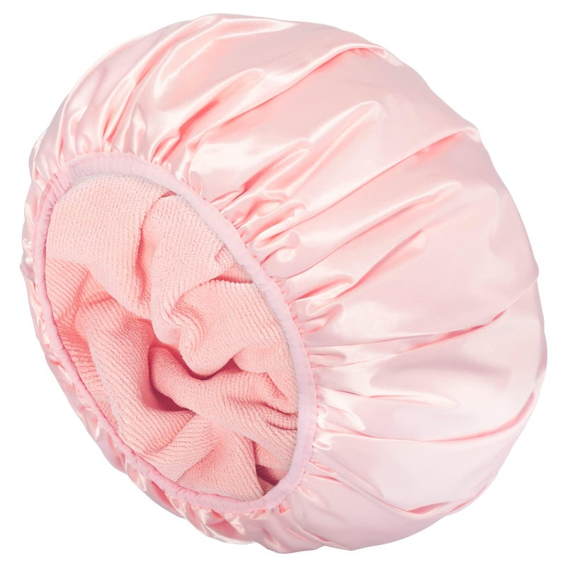 Aquior Shower Cap,Triple Layer Shower Cap for Women, Reusable Waterproof Bath Cap,Silky Satin Outer Layer Terry Lining, Extra Large for Women Long Hair(Pink) - Image 1