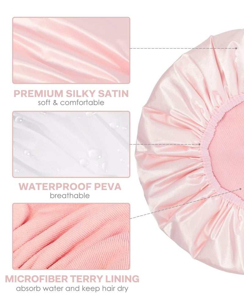 Aquior Shower Cap,Triple Layer Shower Cap for Women, Reusable Waterproof Bath Cap,Silky Satin Outer Layer Terry Lining, Extra Large for Women Long Hair(Pink) - Image 3