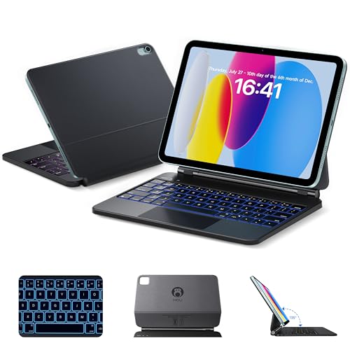 HOU Magnetic Keyboard Case for iPad 11 A1610 135 Wider Adjustable Tilt Smooth AGGlass Touchpad 12 Shortcut Key Combinations 7Color Backlight Deeper 13mm Key Travel Bluetooth Black - Image 1
